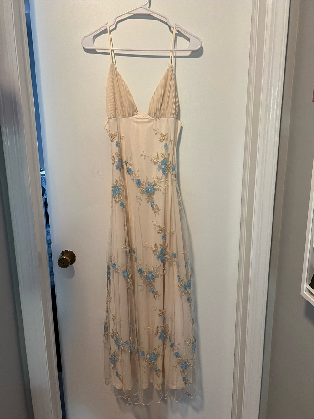SHEIN Cream Maxi Slip Dress with Blue Floral Embroidery